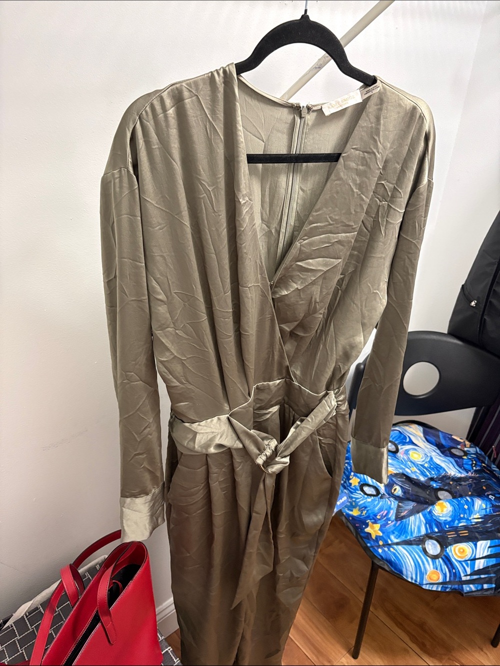 Ramy Brook Taupe Satin Wrap Romper with Waist Tie